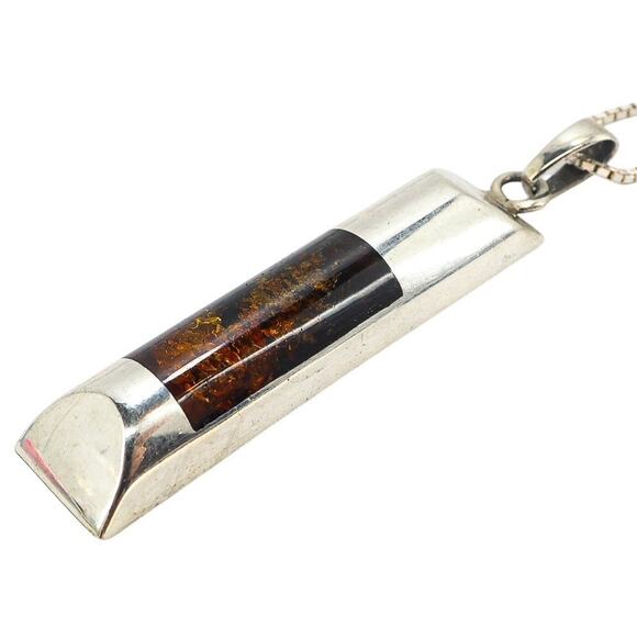 Signed JZ Sterling Silver Modernist Amber Pendant Necklace Baltic Amber Inlay - Picture 4 of 10